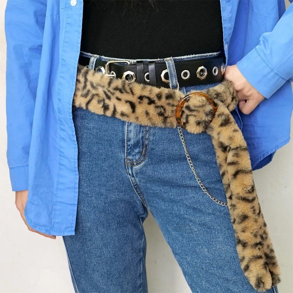 

Furry Leopard Print Plush Belt Jeans Decor Resin Buckle Plush Tassels Waistband Hip-hop Harajuku Jazz Dance Costumes Accessory