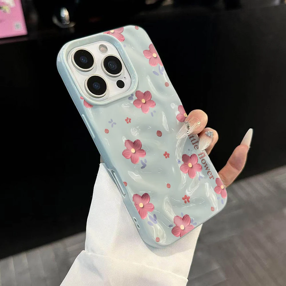 Einfache Handyhülle mit koreanischem Blumenmuster für iPhone 17 16 15 14 13 12 11 Pro Max 14 Plus 17Air, weiche Silikonhülle mit Falten-Wellen-Design – Detail 2