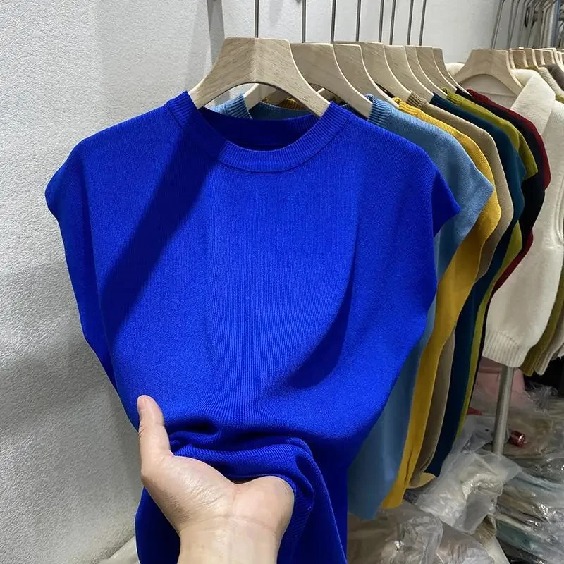 Women's T-shirt Summer O Neck Knitted Fashion Woman Blouse 2024 Short Sleeve Tees Solid Color Ice Silk Oversized T-shirt Women