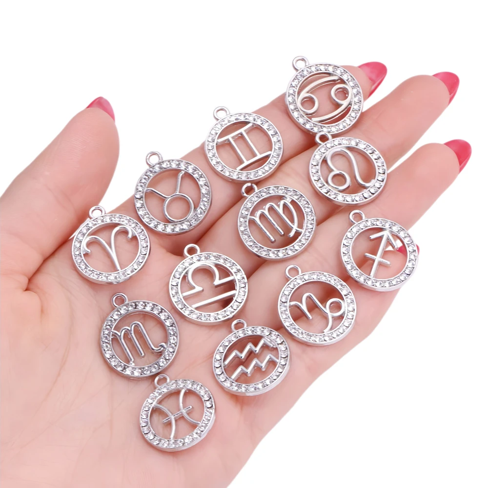 10Pcs Silver Crystal Twelve Constellations Charms for Jewelry Making Leo Taurus Capricorn Horoscope Astrological Sign DIY Pendan