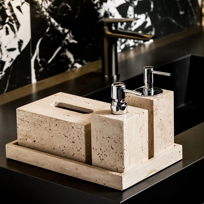 Marble Look Soap Dispenser Set with Tissue Holder and Aroma Bottle for Bathroom Lavatory Sink Countertop Hotel Home Decor
