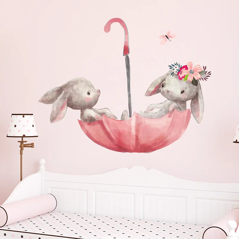 Cartoon Pink Baby Rabbit Wall Stickers Hot Air Balloon Decals Kids Room Nursery Wall Decorative Vinyl Kawaii Bunny PVC Wallpaper