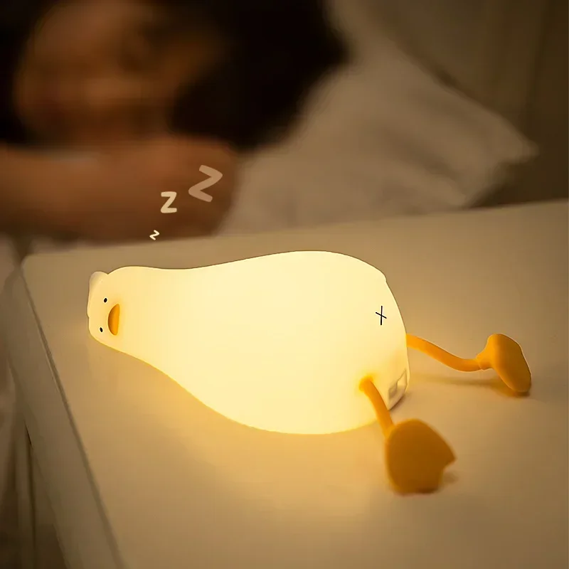 Deitado Flat Duck Silicone Sleep Lamp, Quarto Luz Ambiente, Desktop Lâmpada Decorativa, USB LED Pat Night Light, Presente de aniversário, Presentes