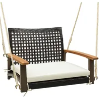 Hanging Porch Swing, 1 Person Patio Wicker Swing Chair with Metal Frame, Cushion, Ropes & Hooks, Outdoor PE Rattan Swing Seat