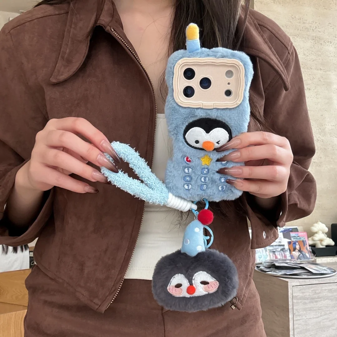 

Retro Antenna Telephone Phone Silicone Phone Case for iPhone17 16 15 14 Pro Max Lovely Penguin Plush animal lanyard soft Cover﻿﻿