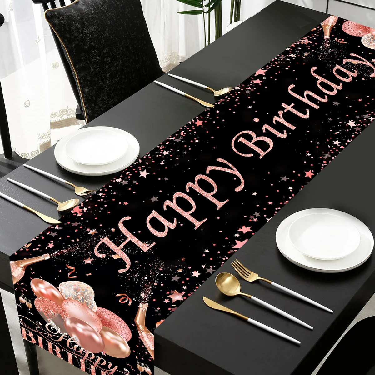 Black Gold Happy Birthday Table Runner 30th 40th 50th Birthday Party Decoration Adult Anniversary Birthday Party Supplies