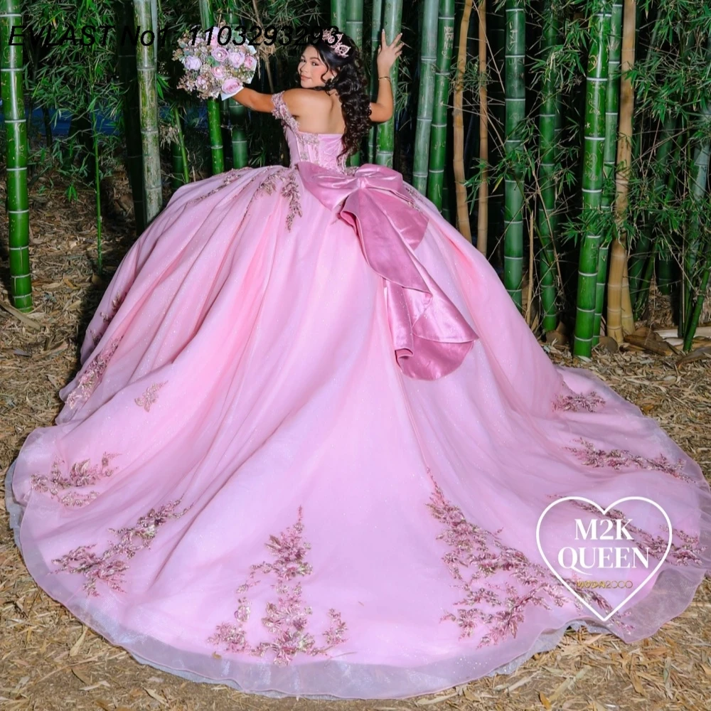 

EVLAST блестящее розовое платье Quinceanera по индивидуальному заказу, бальное платье с кружевной аппликацией и бисером, бант, корсет Sweet 16, Vestido De 15 Anos E1Q321