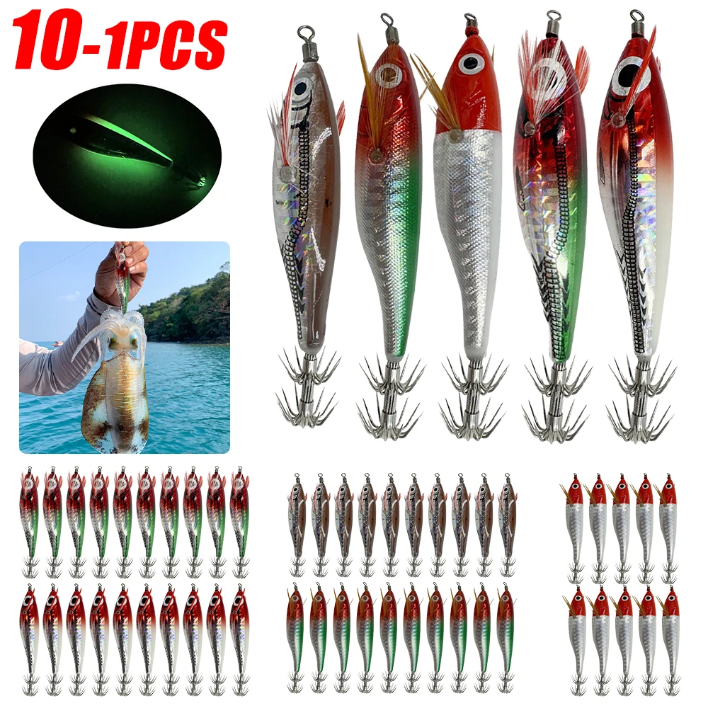 10-1PCS Luminous Squid Jig Jigging Shrimp Hook Artificial Wood Shrimps Lures Fishing Squid Cuttlefish Octopus Hook Tackle Tool