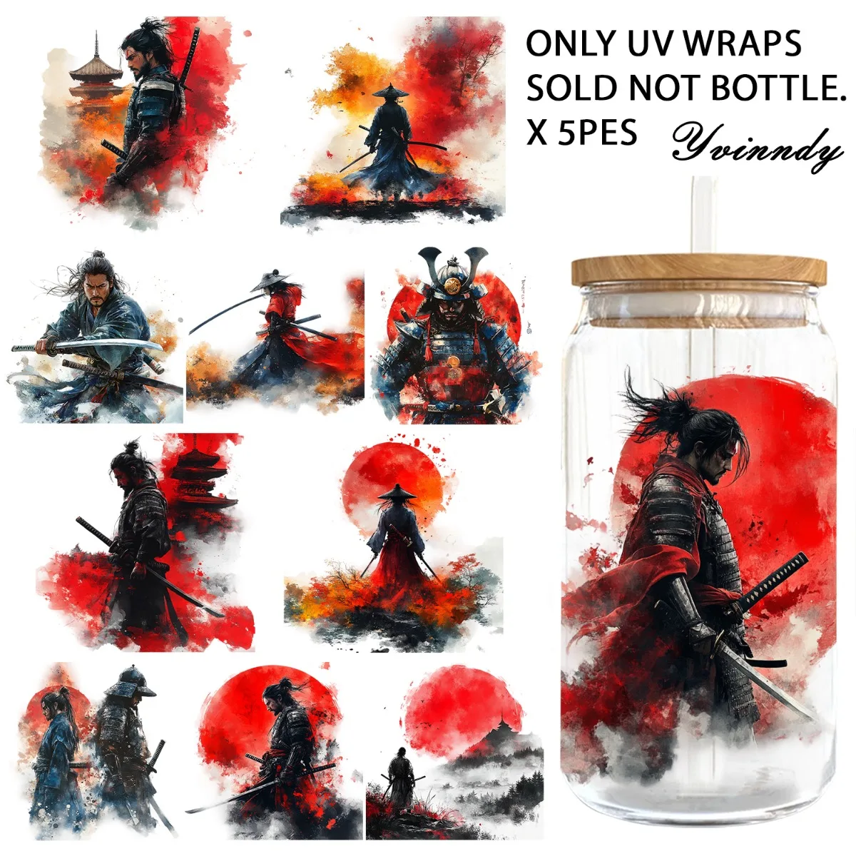 

5PCS/Set Of 16OZ UV DTF DIY Transfer Paper - Samurai Spirit UV DTF Waterproof Film (Excluding Water Cup)