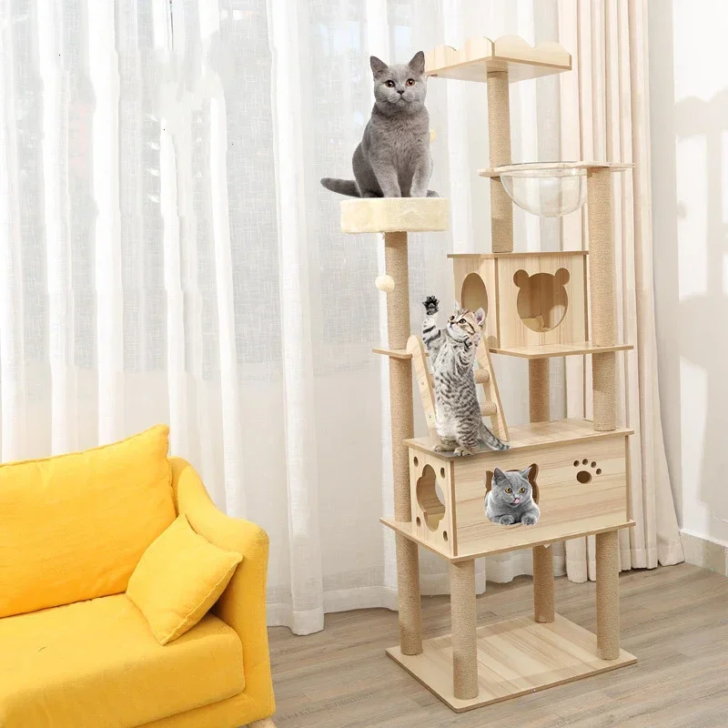 Cat Tree House Condos Multi-layer Wooden Cat Tower With Sisal Rope Cat Scratching Posts Plush  Climbing Frame Cloth Hammock