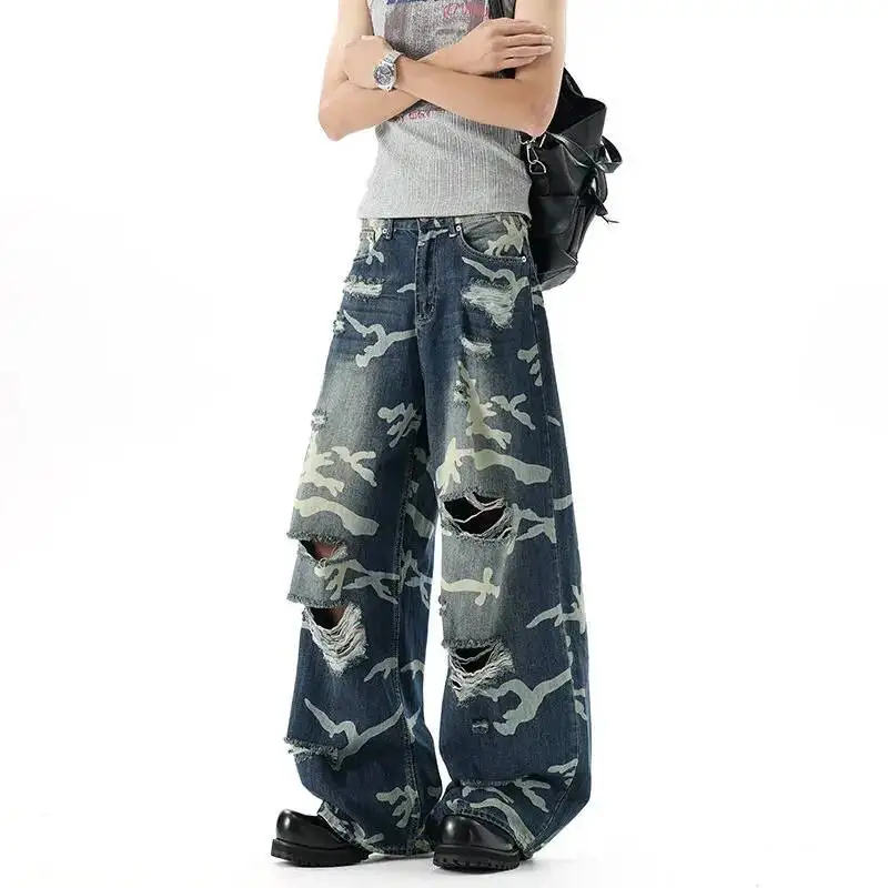 MWJLPWQ Distressed Camouflage Ripped Jeans Men's American Style Washed Tide Casual Loose Straight Pants 2026 Summer Autumn 17268