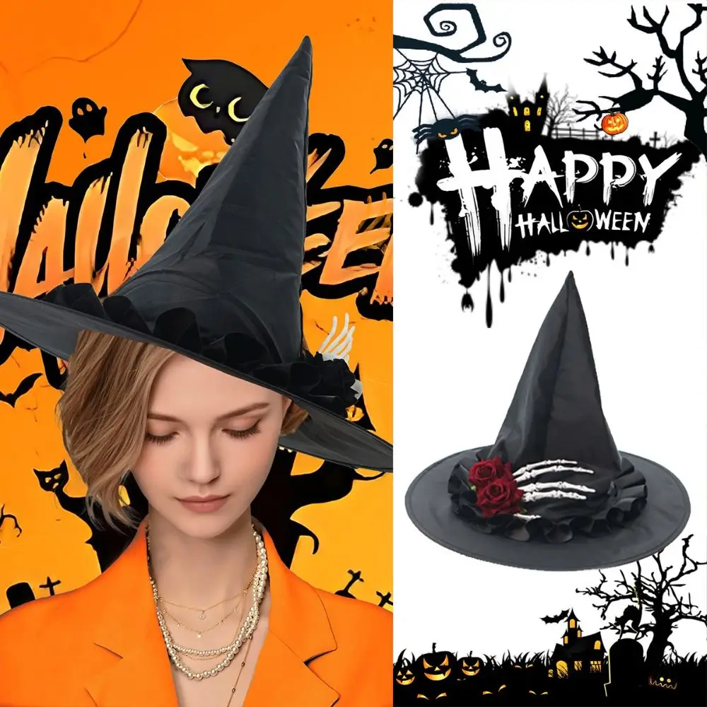 Portable Skeleton Hand Skull Wizard Cap Black Flower Halloween Witch Hats Decoration Oxford Witch Hat Parties