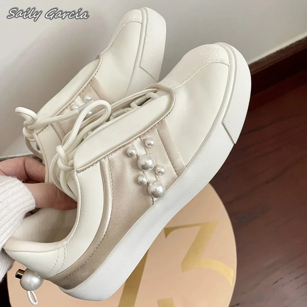 

Cowhide Leather Silk With Pearl All-Match Casual Shoes 2024 New Fashion Lace Up Vulcanized Shoes Round Toe Platform Luxury Shoes