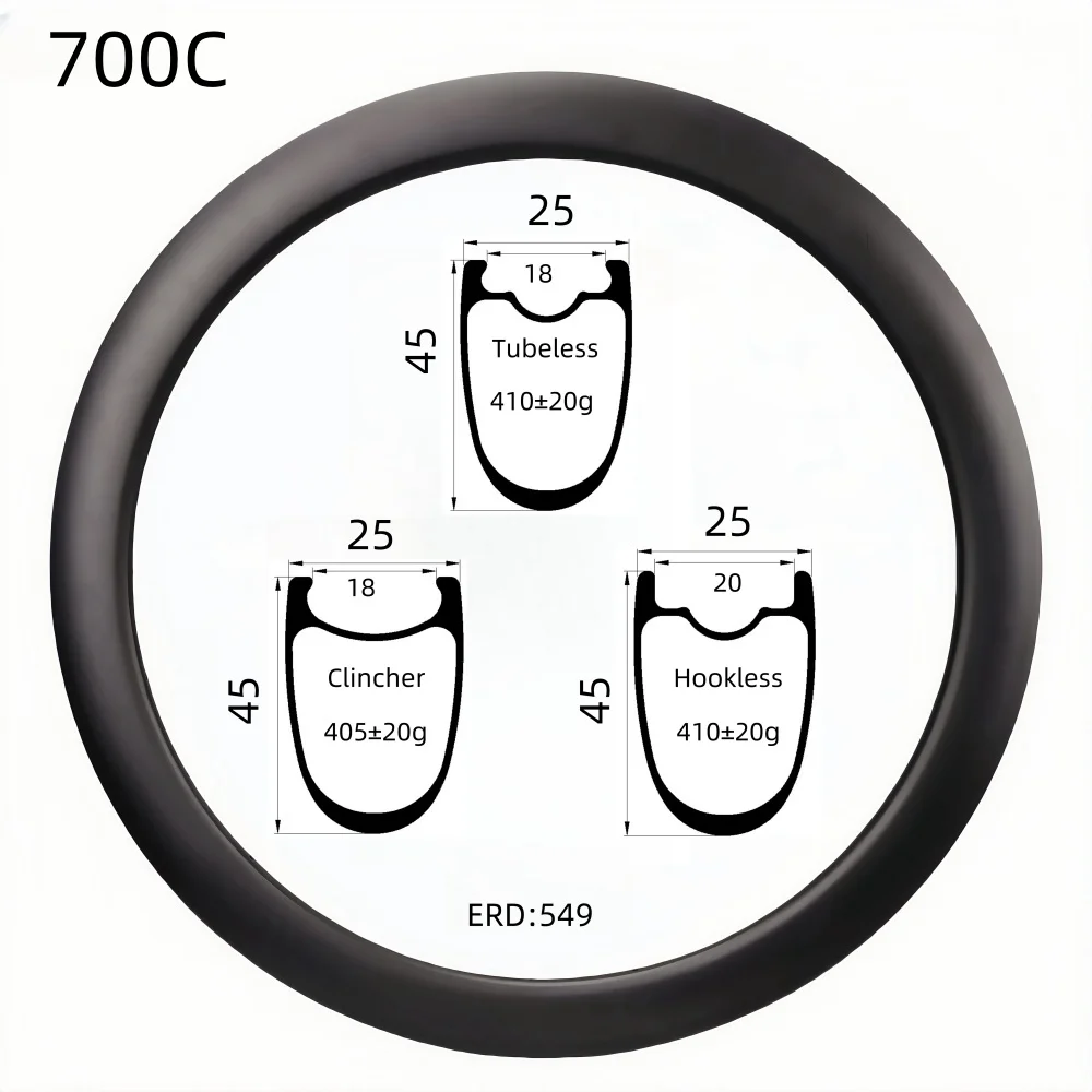 700C 25mm wide 45mm Depth Super Light Carbon Rim  Symmetry UD Matte Tubeless/Clincher/Hookless Carbon Rims