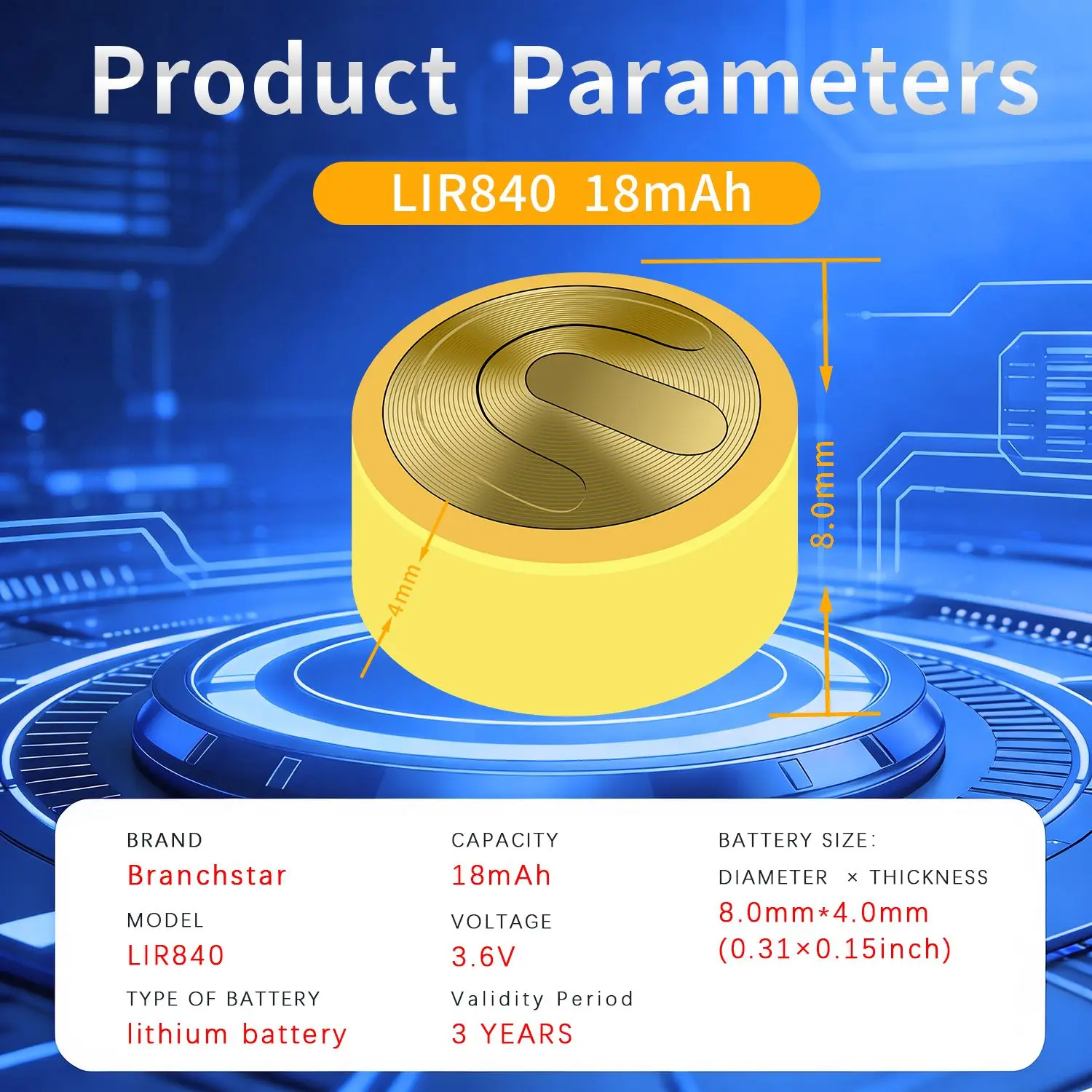 LIR840 3.7V Rechargeable Button Cell Li-ion Battery 18mAh 8×4mm for Wireless Earphones Hearing Devices
