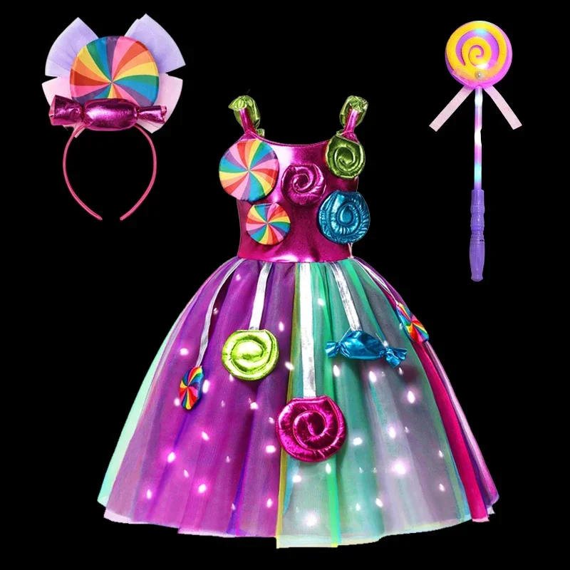 2025 New Rainbow Sweet Lollipop Candy Kids Dress Carnival Party Girl Birthday Costume Fancy LED Light Tutu Children Weddinskeif1
