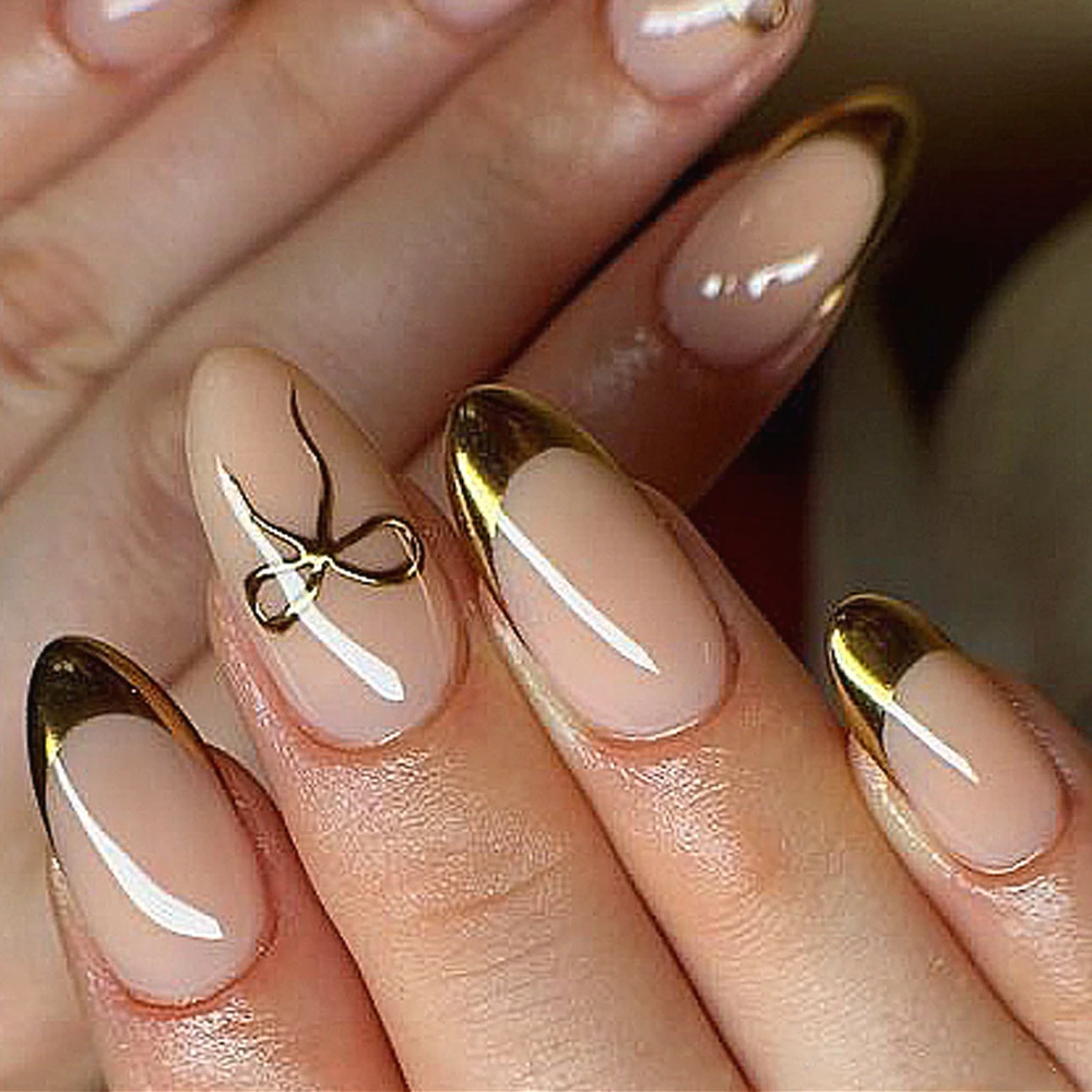 

Gold Bowknot French Nude Nail Art Wearable Fashion Simple False Nails Detachable Finished Fake Nails Press on Nails with Glue