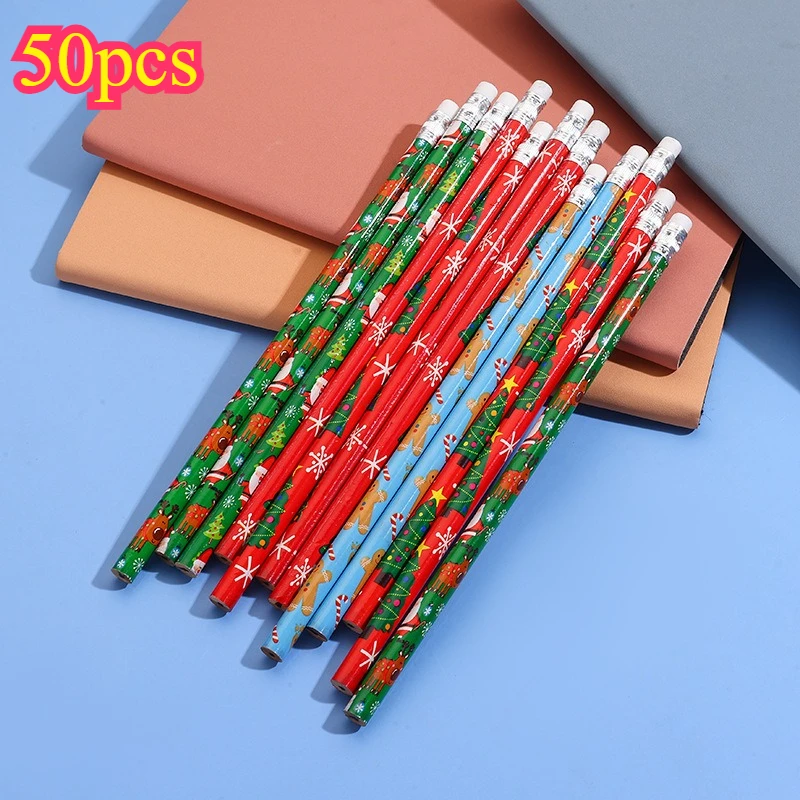50pcs Christmas Wooden HB Pencils with Eraser Topper, Xmas Printed Kids Writing Stationery, Holiday Party Favor Goodie Bag