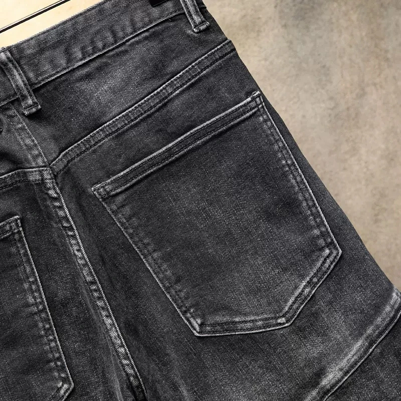 High Street Fashion Men Jeans Retro Black Gray Elastic Stretch Skinny Fit Ripped Jeans Men Patched Designer Hip Hop Biker Pants