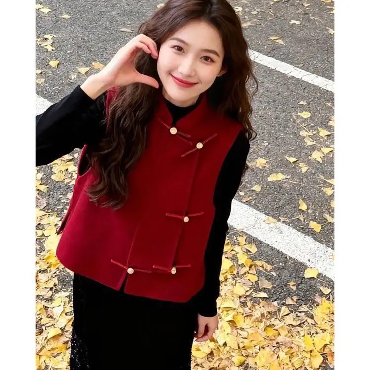 

New Year Angola Red Woolen Vest irt Women's Autumn Winter New Gentle Sweet oulder Coat Top Button up Outerwear