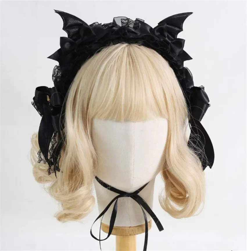 ゴシック黒バット悪ヘアピンヘッドバンドハロウィンコスプレレースヘアクリップ女の子女性ロリータヘアアクセサリー B2281