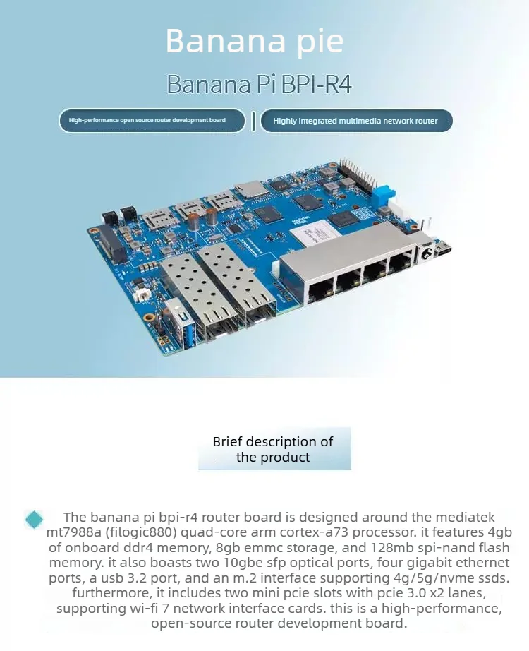 BPI-R4 Open Source Router Board MT7988A Quad Core 4GB DDR4 2x10G SFP with OpenWrt WiFi 7