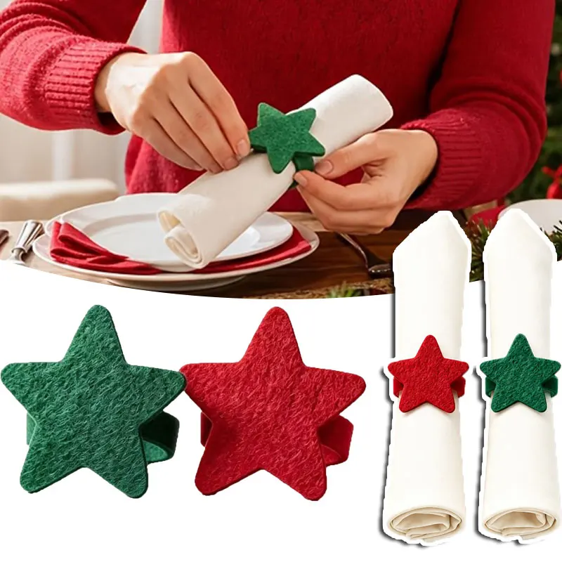 3-24pcs Felt Christmas Five-Pointed Star Napkin Ring Reusable Solid Color Pointed Star Napkin Holder Decorative Napkin Buckle