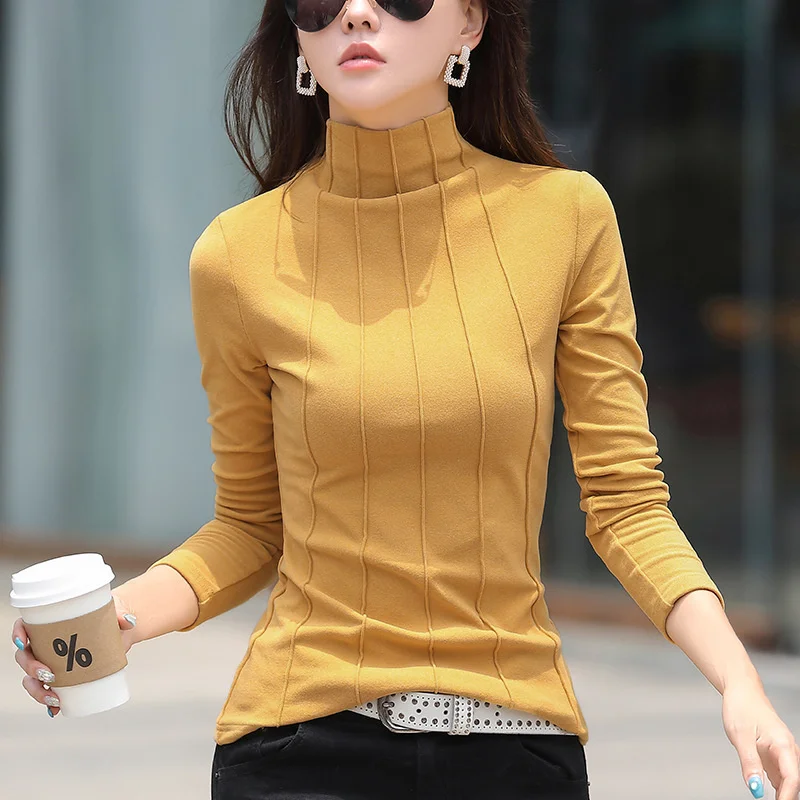 #0355 Turtleneck T Shirt Women Slim Thick Warm Autumn Winter T Shirt Femme Solid Color Skinny Womens Tshirt Cotton Korean Style