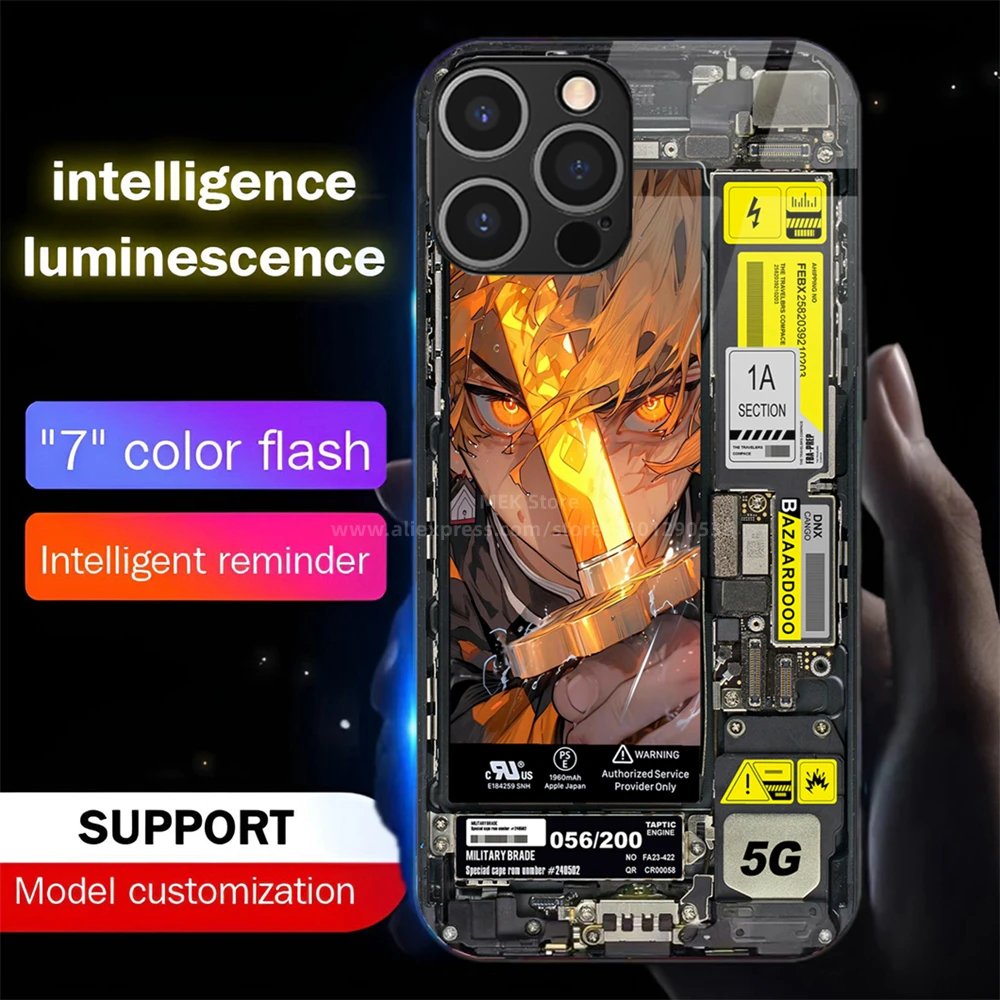 

Popular Punk Anime Luminous Tempered Glass Phone Case LED Backlight Cover For iPhone 16 E 15 14 13 12 11 Pro Max X XR Plus