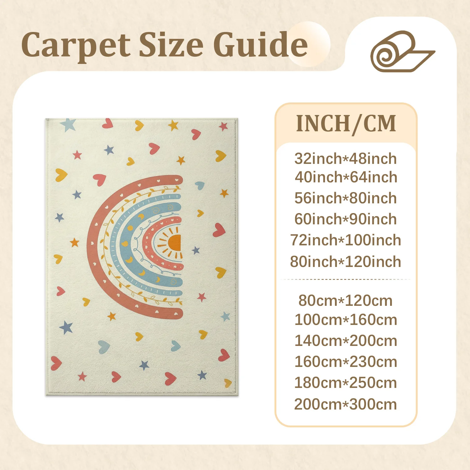 Large Indoor Area Rug, Soft Velvet Low Pile with Non-Slip Dotted Backing, Machine Washable Boho Rainbow Star Heart Pattern, Ideal for Nursery, Bedroom, Playroom, Living Room