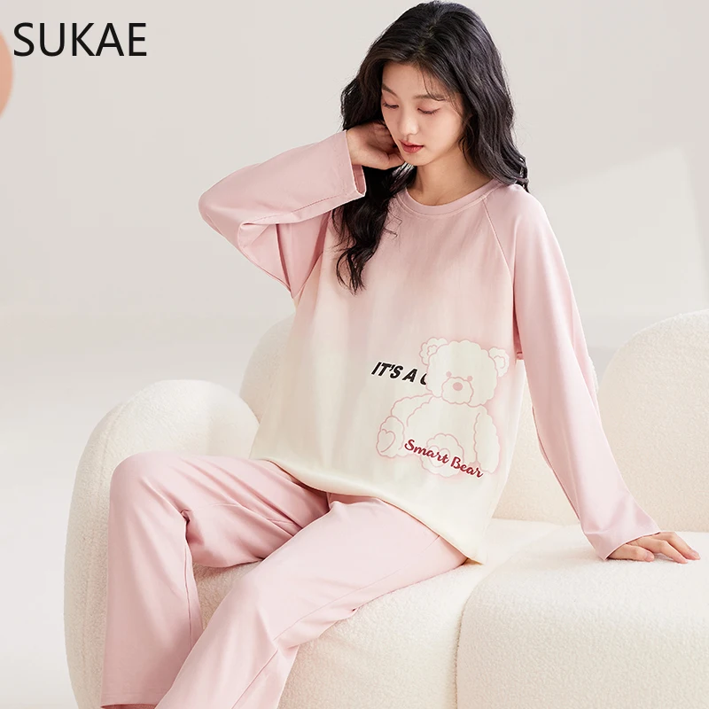 SUKAE Women Pajamas Set Panda Series Cartoon Long Sleeves Sleepwear for Girl Autumn Spring Soft Faux Cotton Nightwear Leisure Pj