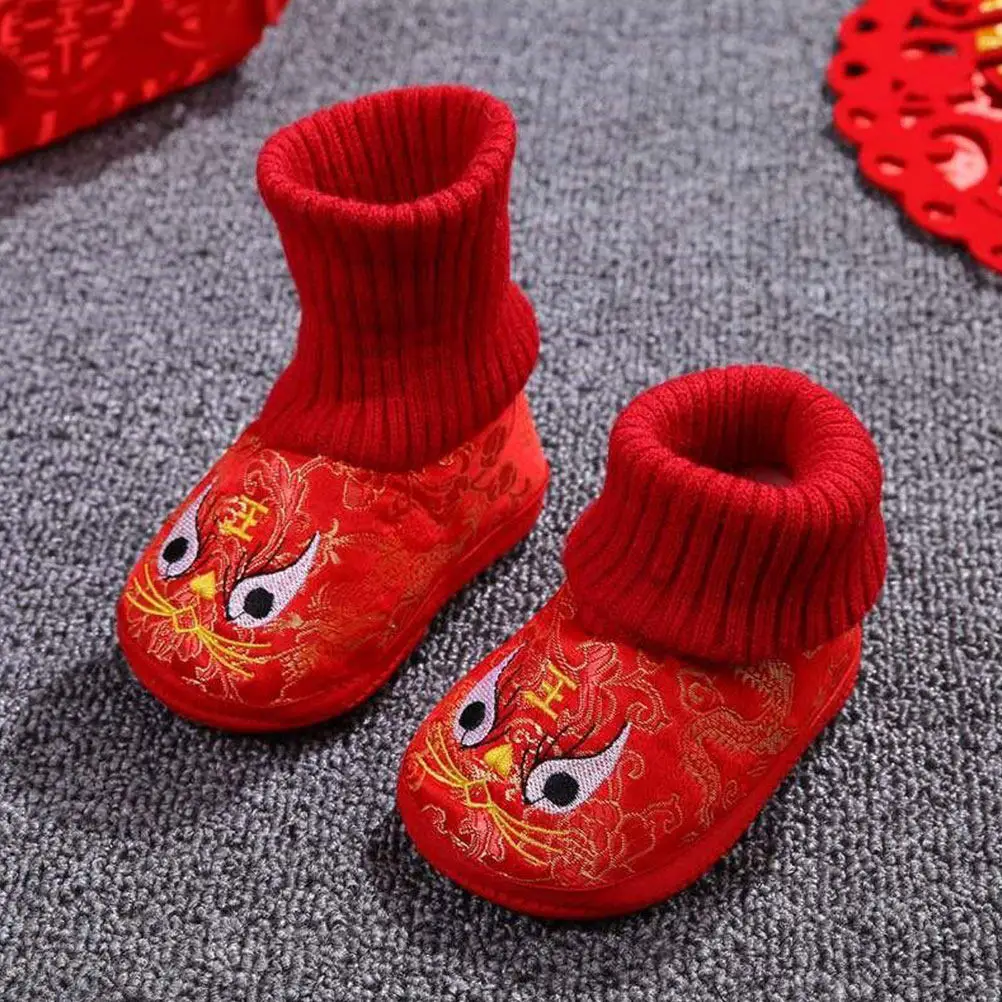 1Pair Children Cotton Shoes Thickened Warm Tiger Head Pattern Breathable Comfortable Winter Casual Embroidered Kids Short Boots