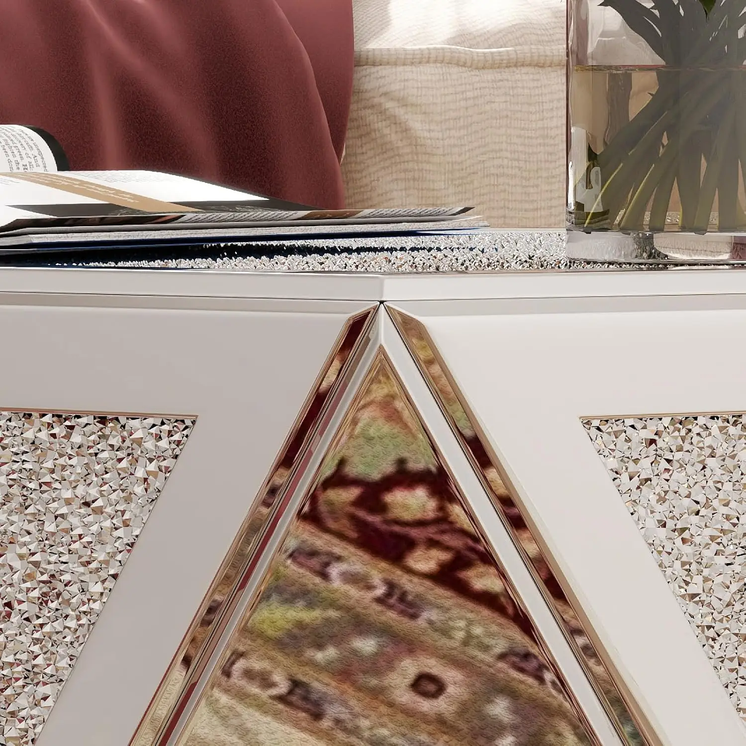 Silver Coffee Tables For Living Room With Crushed Diamond Inlay, Mirrored Pentagonal Coffee Table With Luxury Mirror Surface