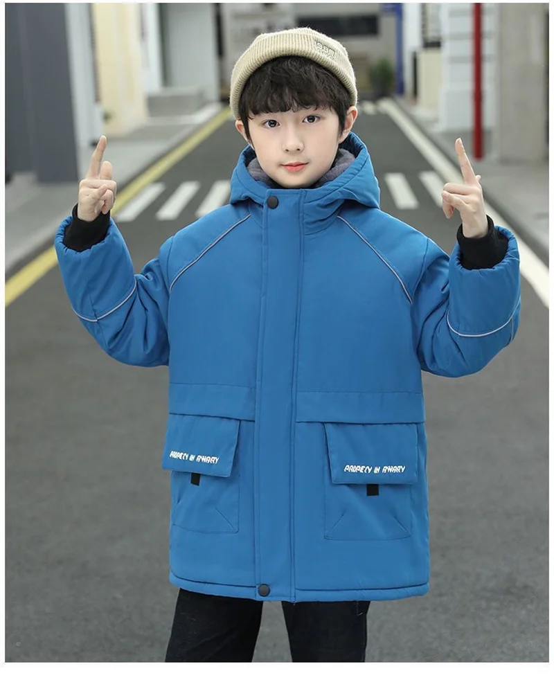 -30℃ Boys Plus Velvet Outerwear Kids Winter Thicken Warm Overcoat Children Casual Print Jacket 2023 New Teenager Clothing