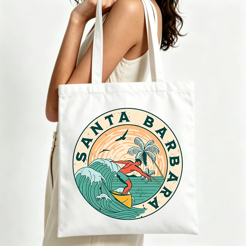 surfing graphic canvas tote bag with palm tree and sunset, vintage style for beach outings and casual summer use