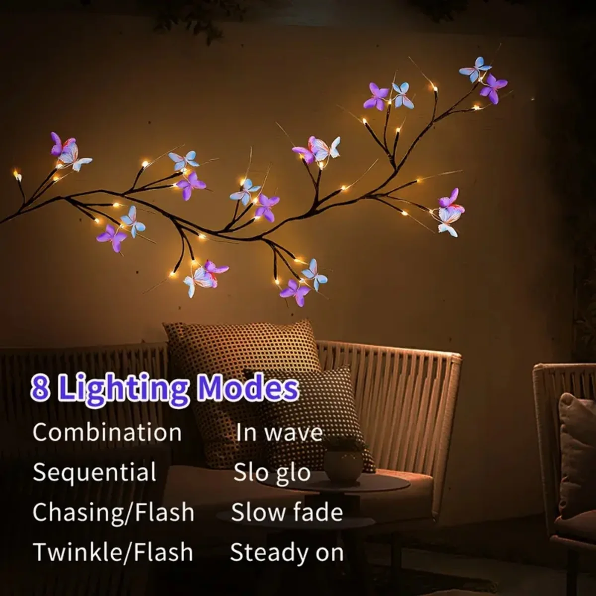 1pc 30LED Enchanted Willow Vine Light With Butterfly USB Powered 8 Lighting Modes Indoor Outdoor Waterproof Vine Lights Suitable