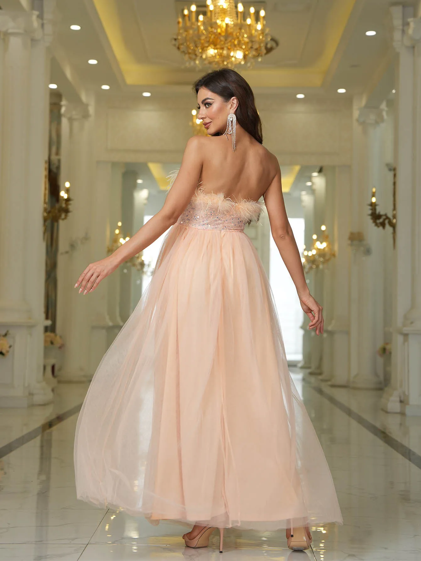 Sexy off shoulder A-line cocktail party dresses, feather mermaid evening gown, retro chiffon mesh sequin star gown