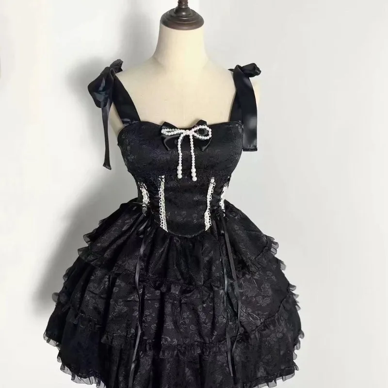 Verão doce lolita vestido de princesa feminino elegante renda retalhos arco em camadas bolo vestido y2k harajuku design de moda cinta vestido