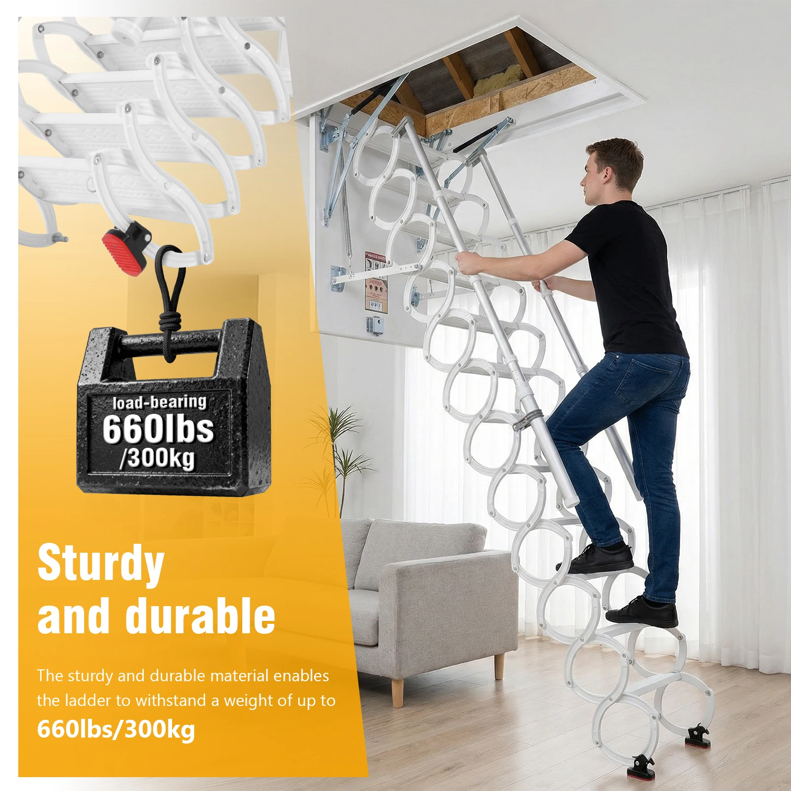 

12 Steps Pull Down Attics Ladders with Handrails Wall-Mounted Staircase 660LBS Capacity Height Adjustable For Home Duplex Villas