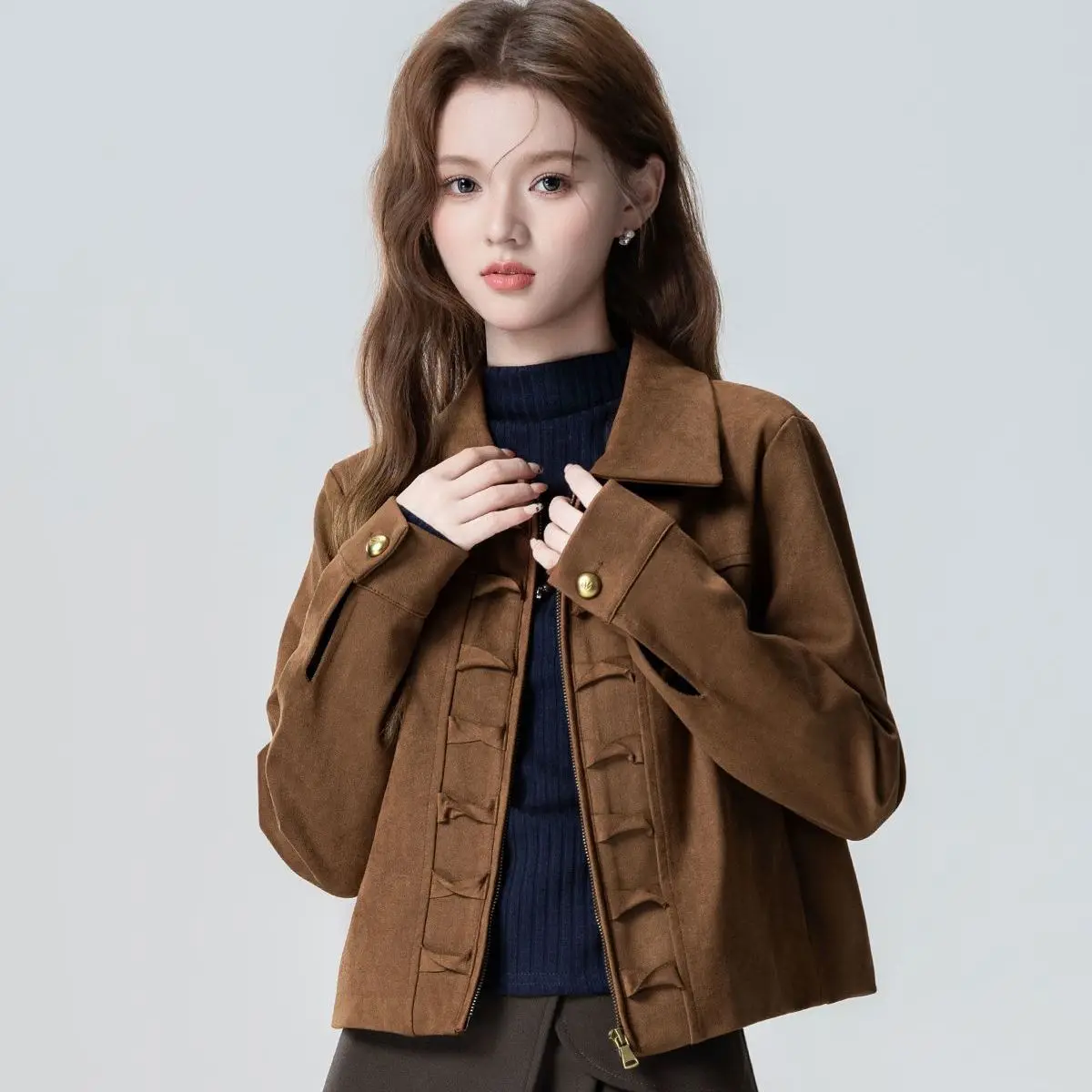 

Small Retro Short Coat Women's Spring Autumn New Lapel Zipper Jacket Ladies Korean Loose Suede Fabric Coffee Cardigan Outwear