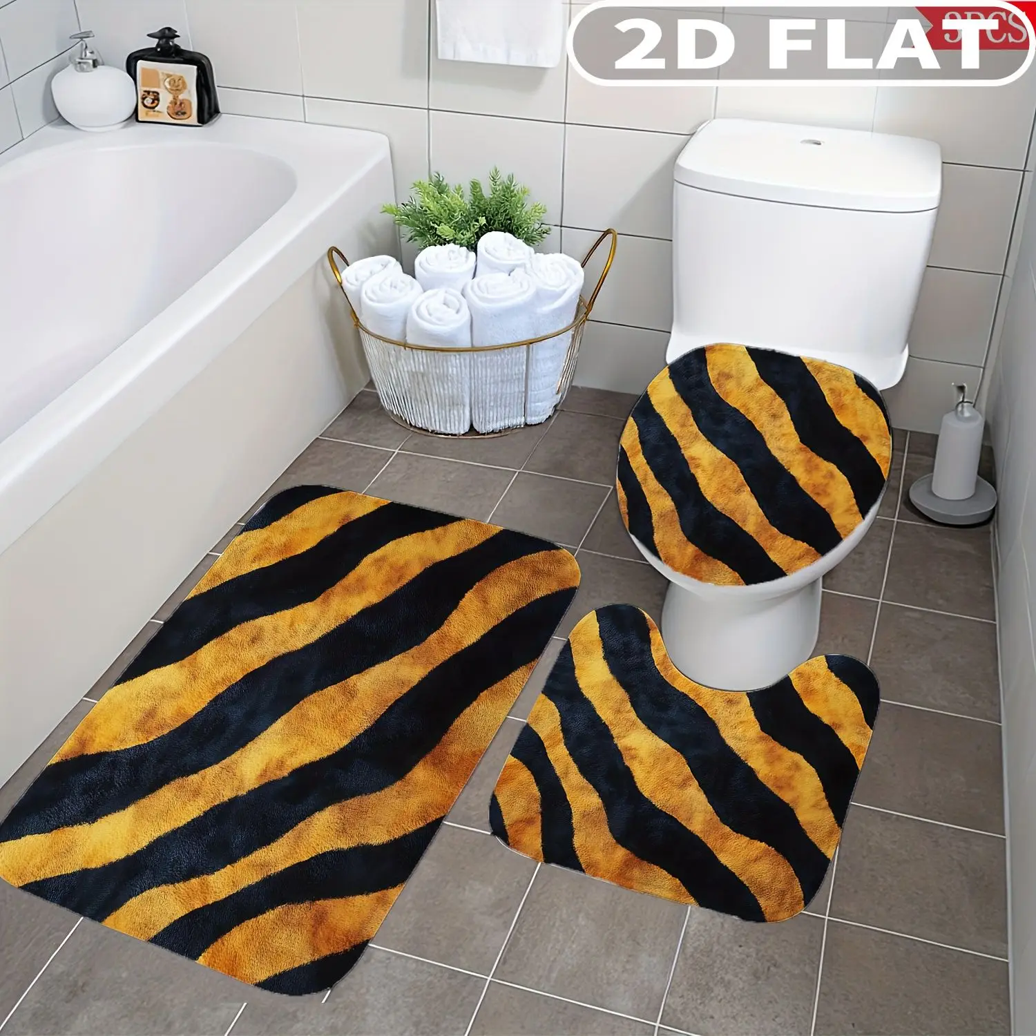 

3pcs Bathroom Rug Set Tiger Stripe Pattern Print Design Non-Slip Includes Bath Rug Contour Mat and Toilet Lid Cover Mat