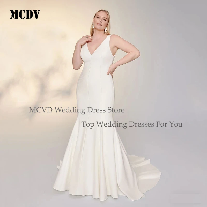 

Civil Mermaid Wedding Dresses Deep V Neck Modern Bridal Gown Plus Size Court Train Sleeveless Customized
