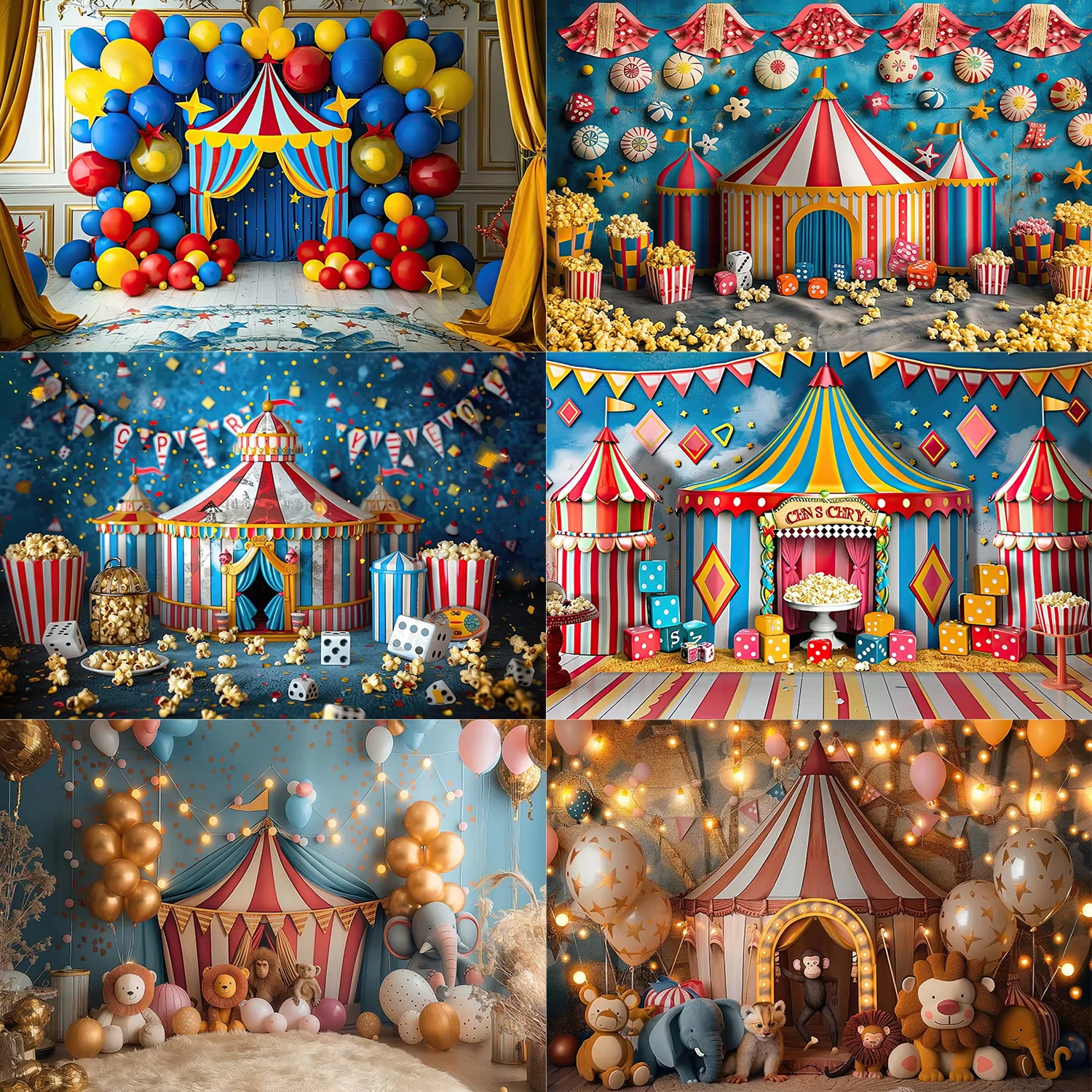 

Circus Theme Tent Striped Canopy Photography Backgrounds Balloons Happy Birthday Party Decoration Animal Clown Photo Studio Prop