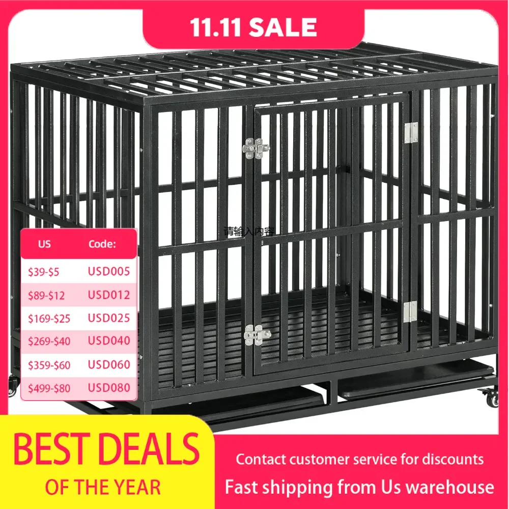 Heavy Duty Cage Metal Kennel & Caged Dog Playpen with Lockable Wheels, Slide-Out Tray, and Anti-Pinch Floor, 41