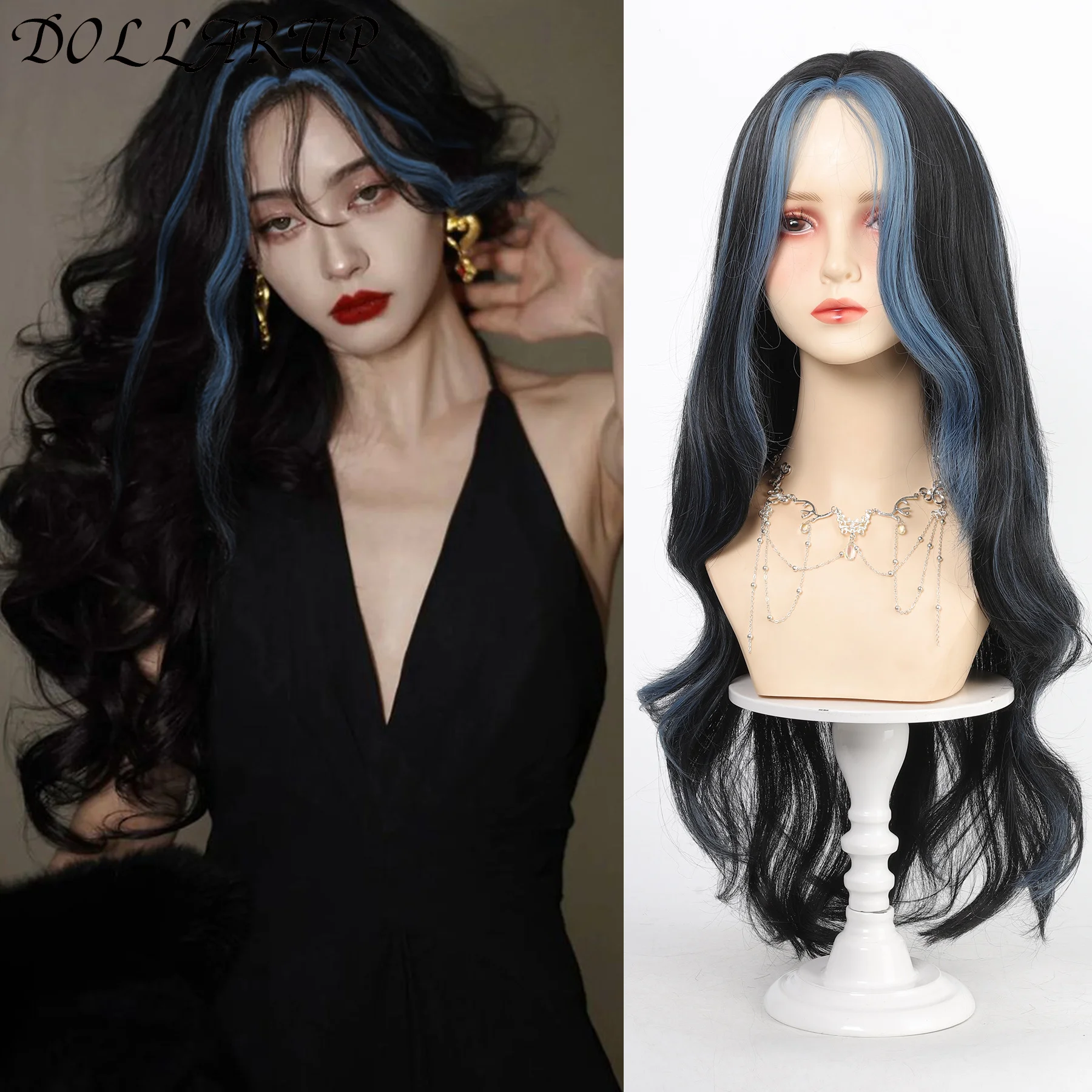 DOLLARUPS ynthetic Lace Wigs For Black Women Long 28 inch Body Wave Wavy Forehead Part Lace Wig Ombre Black and Blue Cosplay Wig