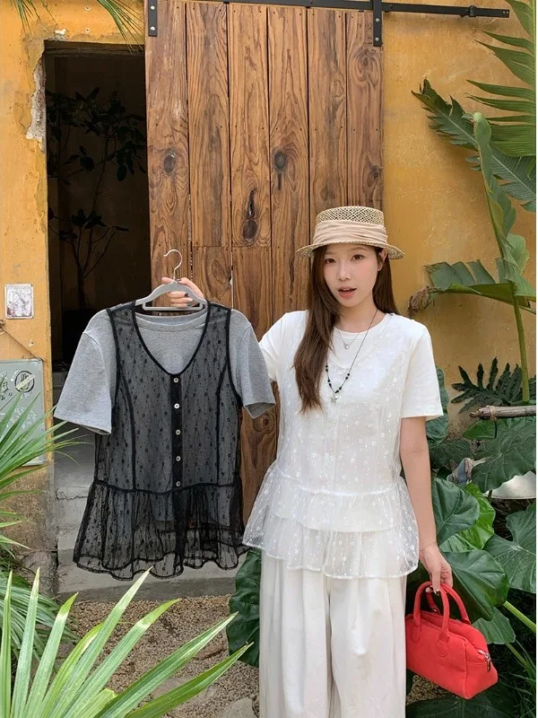 

plus Size Lace Vest Short Sleeve Two Piece Set Slimming Top Casual Versatile Summer Fashion for plus Size Women French Style