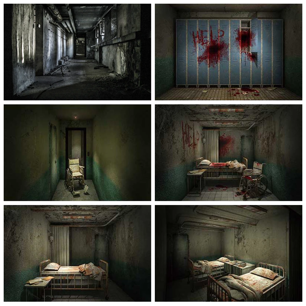 

Horror Halloween Photo Background Custom Hospital Classroom Bloody Haunted House Morgue Decoration Supplies Photography Props