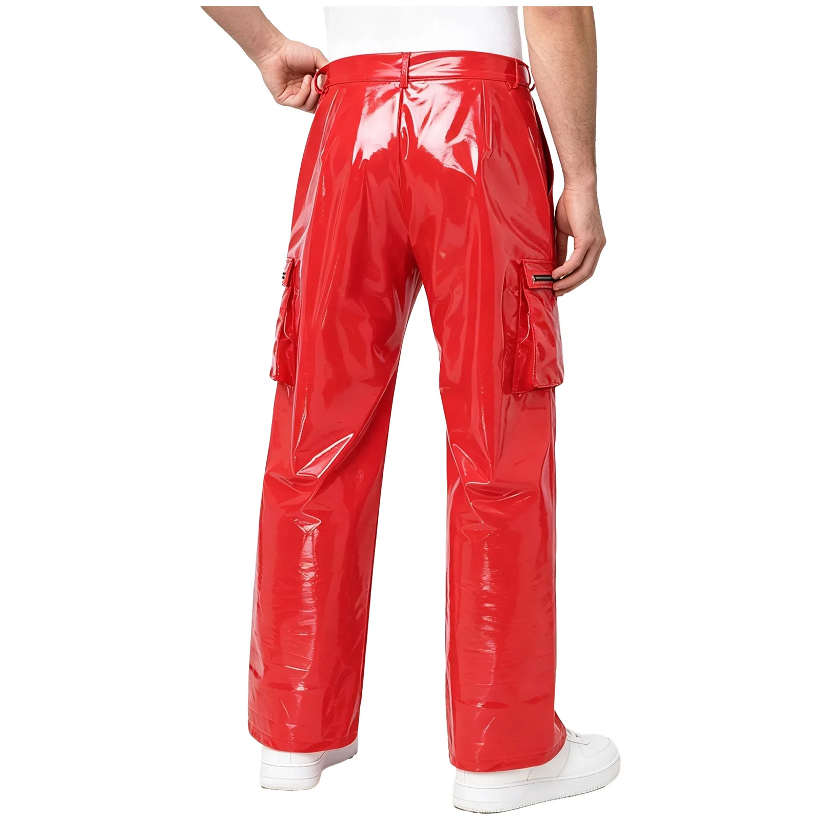 Mens Glossy PU Leather Cargo Pants Multi-pocket Straight-leg Punk Pants Trousers for Club Streetwear Fashion Runway Show Event