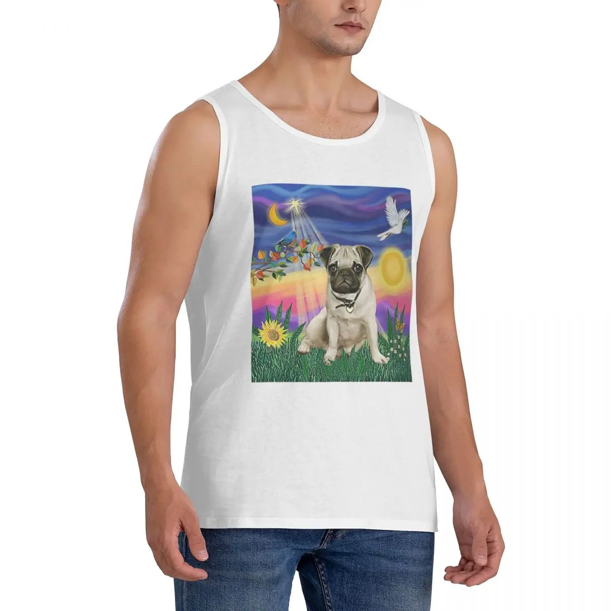 100% Cotton Twilight With A Pug Sleeveless T-Shirt Men Workout Sports Clothing Tops Men's Crew Neck Vest