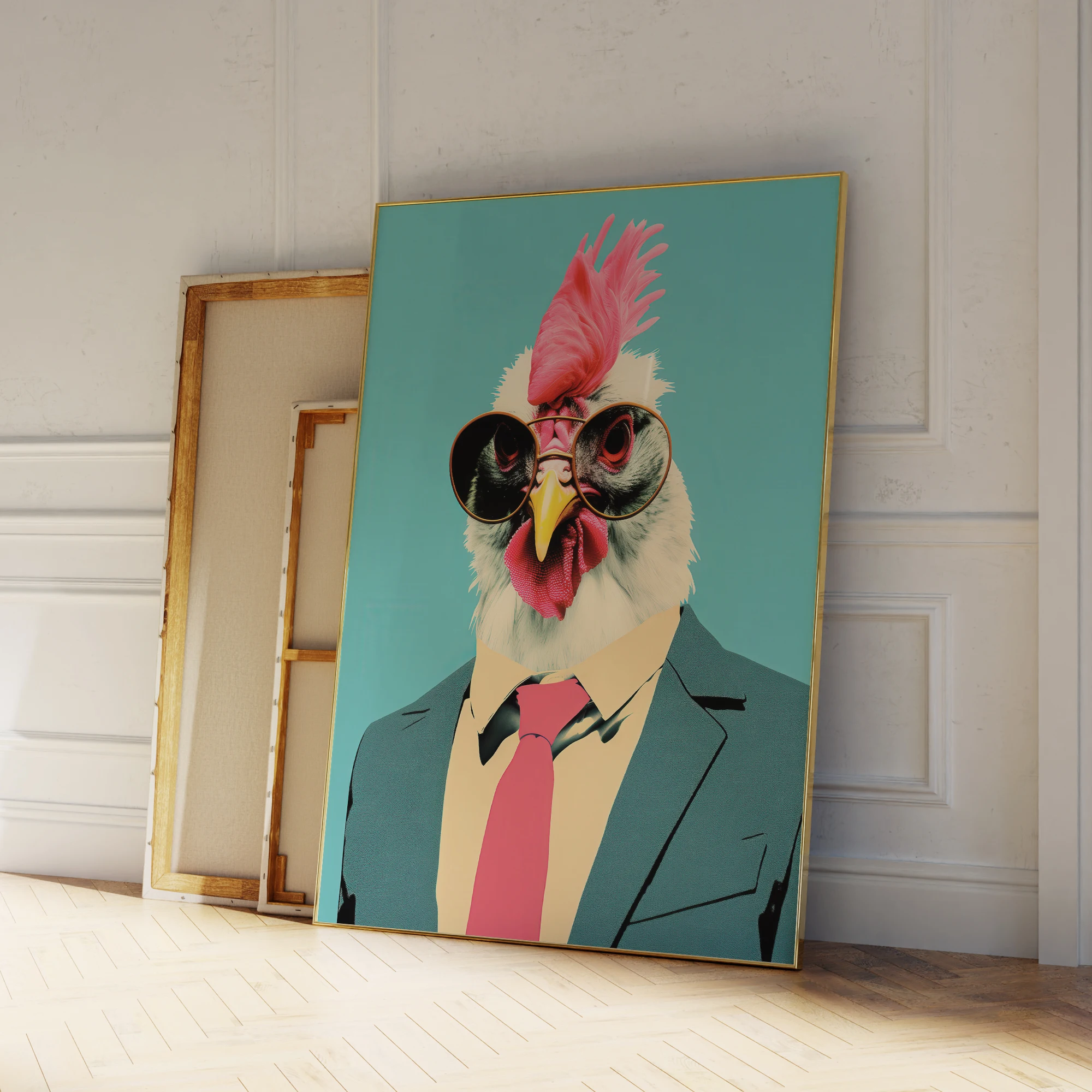 Modern Blue Funny Chicken In Suit Dancing Cool Animal Wall Art Prints Canvas Painting Poster Picture Living Room Home Decor